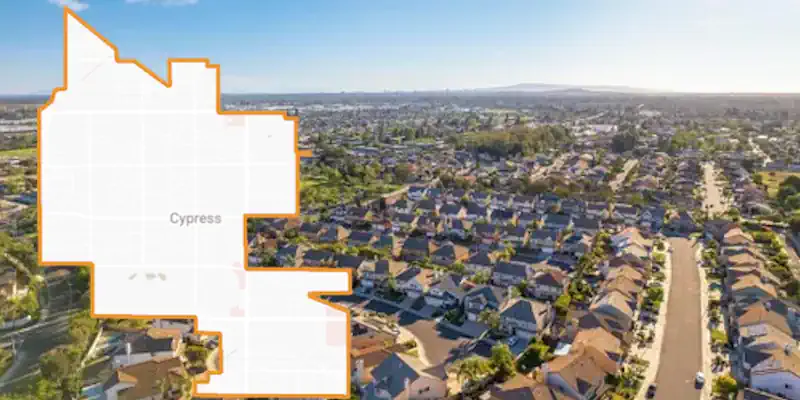 A map of Cypress CA, overlaid an ariel image of a city neighborhood