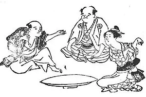 A drawing of three people playing a form of Rock, Paper, Scissors